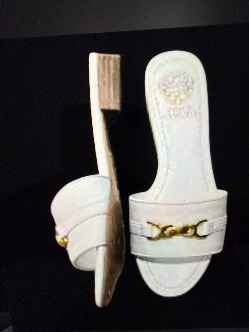 Vince Camuto White Leather Slide Sandals with Gold Hardware